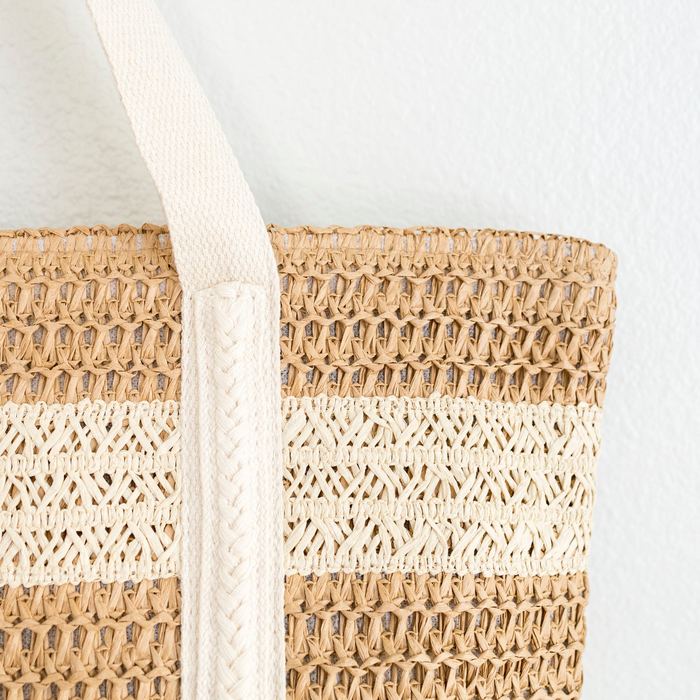 Striped Straw Tote with Cream Shoulder Handles