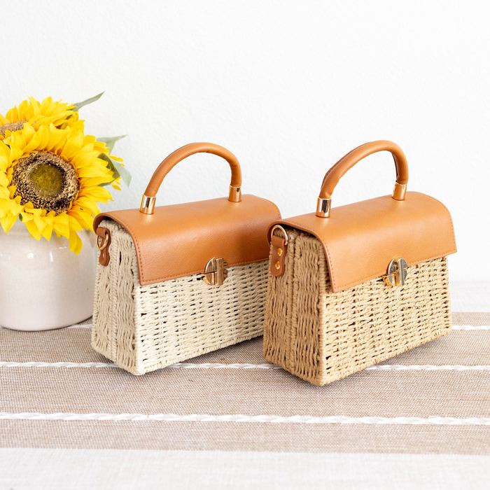 Straw Box Handbag with High Quality Synthetic Leather Flap and Top Handle