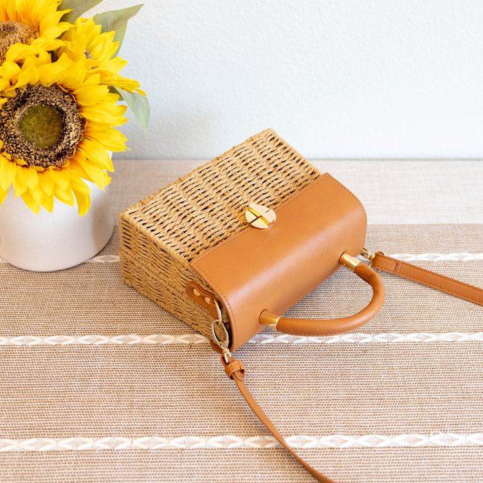 Straw Box Handbag with High Quality Synthetic Leather Flap and Top Handle