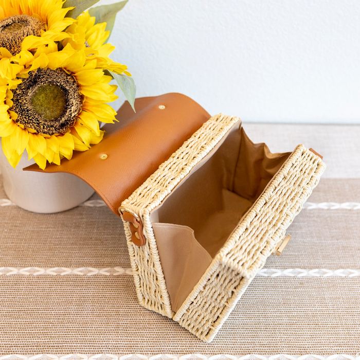 Straw Box Handbag with High Quality Synthetic Leather Flap and Top Handle
