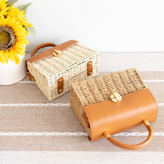 Straw Box Handbag with High Quality Synthetic Leather Flap and Top Handle