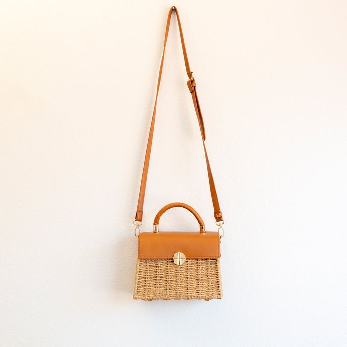 Straw Box Handbag with High Quality Synthetic Leather Flap and Top Handle