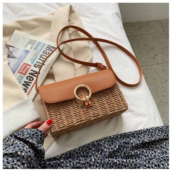 Straw Box Crossbody Bag with High Quality Synthetic Leather Flap