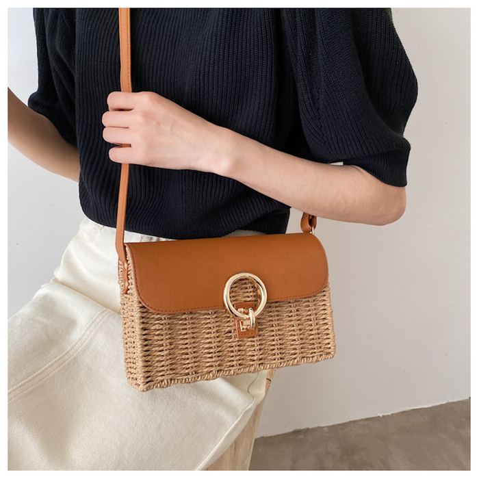 Straw Box Crossbody Bag with High Quality Synthetic Leather Flap