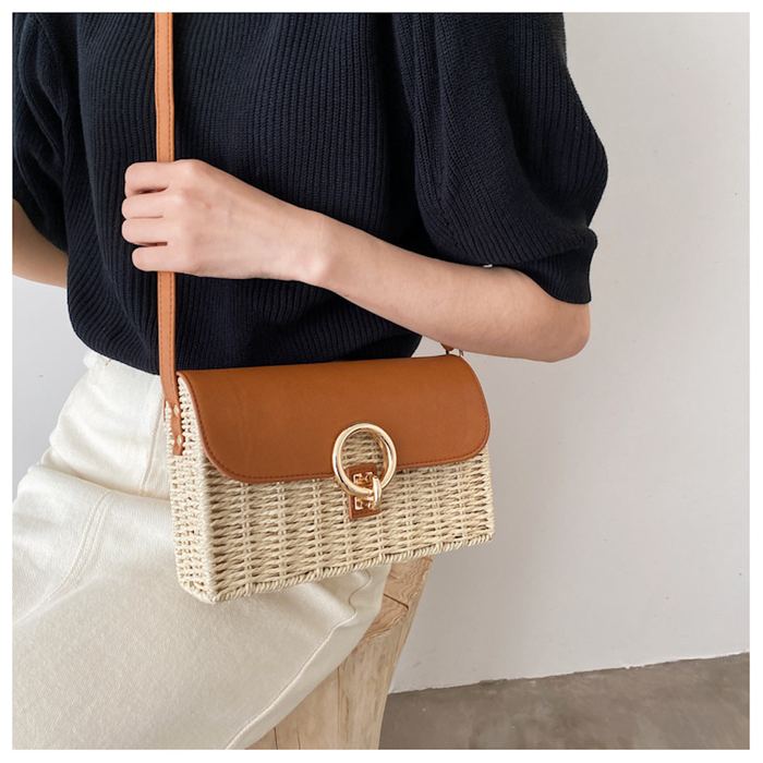 Straw Box Crossbody Bag with High Quality Synthetic Leather Flap
