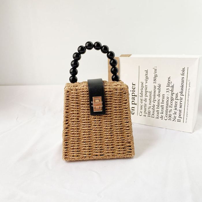 Mini Straw Box Handbag with Black Beaded Handle