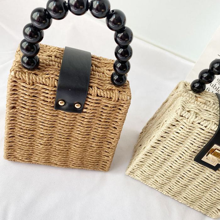 Mini Straw Box Handbag with Black Beaded Handle