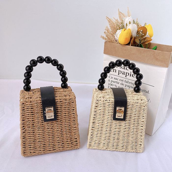 Mini Straw Box Handbag with Black Beaded Handle