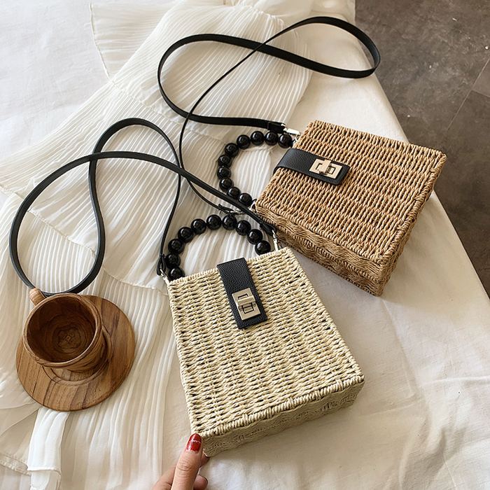 Mini Straw Box Handbag with Black Beaded Handle