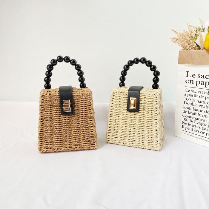 Mini Straw Box Handbag with Black Beaded Handle