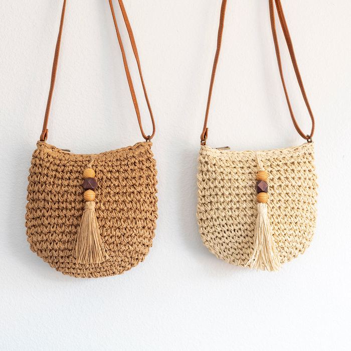 Rounded Straw Crossbody Bag with Front Tassel