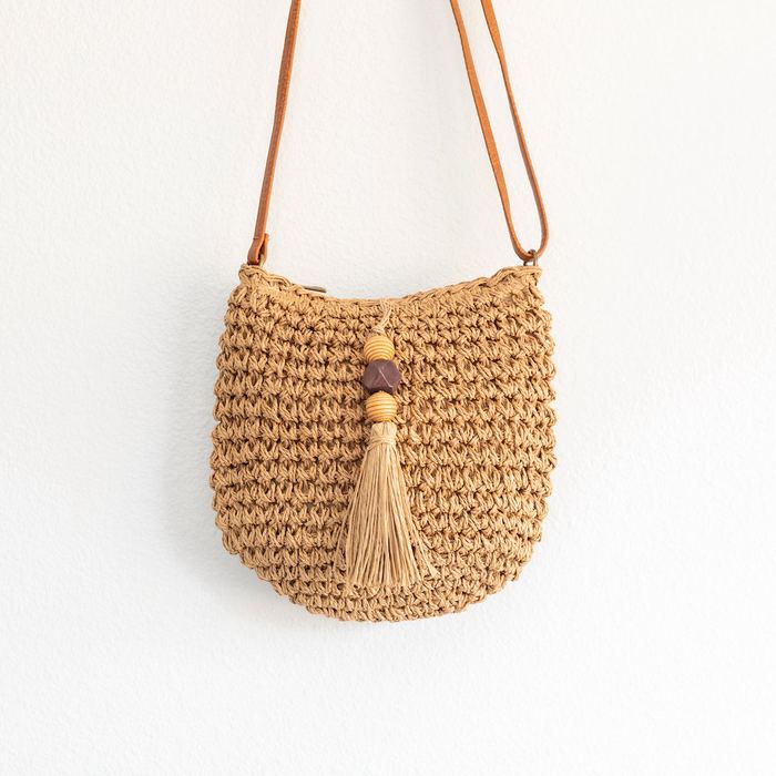 Rounded Straw Crossbody Bag with Front Tassel