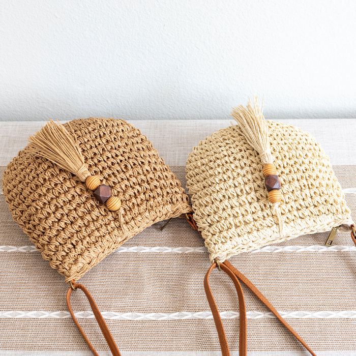 Rounded Straw Crossbody Bag with Front Tassel