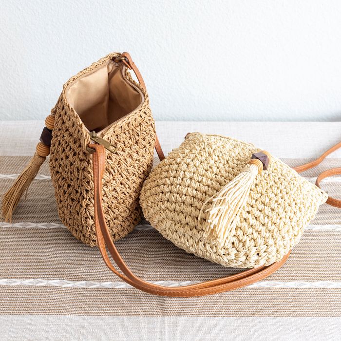 Rounded Straw Crossbody Bag with Front Tassel