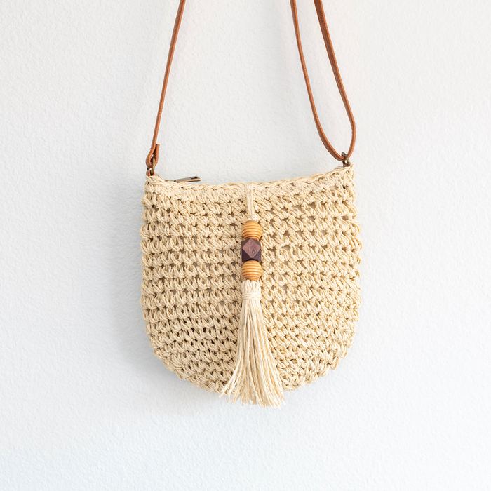 Rounded Straw Crossbody Bag with Front Tassel