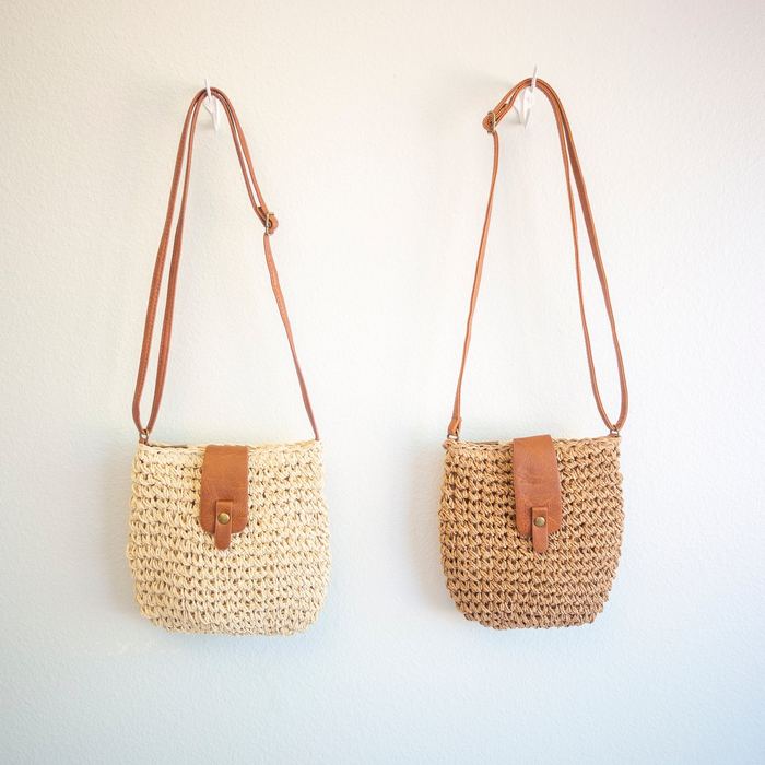 Small Rounded Straw Crossbody Bag with Brown Front Tab