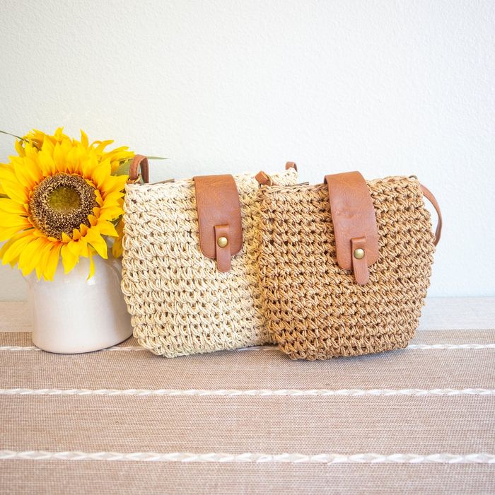 Small Rounded Straw Crossbody Bag with Brown Front Tab