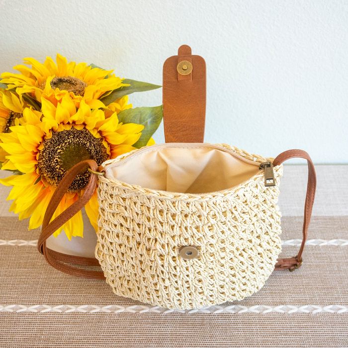Small Rounded Straw Crossbody Bag with Brown Front Tab