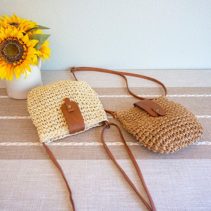 Small Rounded Straw Crossbody Bag with Brown Front Tab