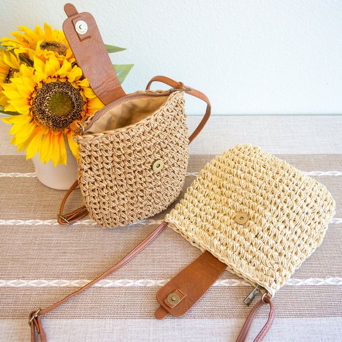 Small Rounded Straw Crossbody Bag with Brown Front Tab