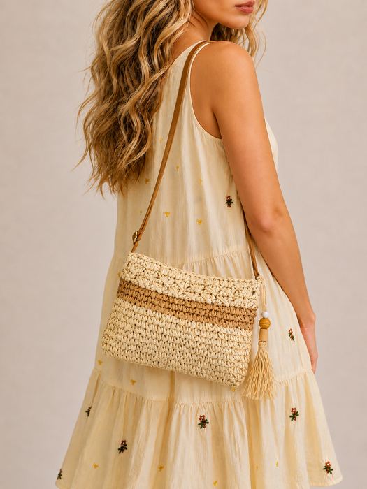Contrast-Band Woven Straw Crossbody Bag