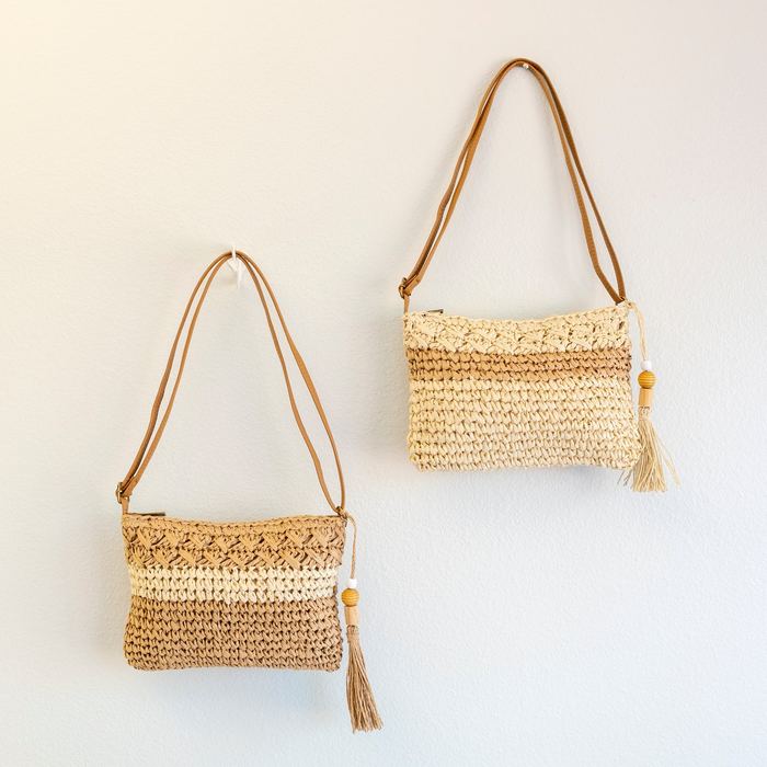 Contrast-Band Woven Straw Crossbody Bag