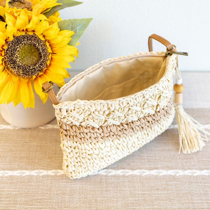 Contrast-Band Woven Straw Crossbody Bag