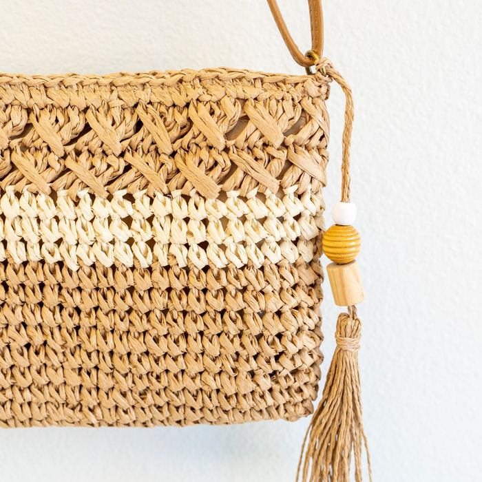 Contrast-Band Woven Straw Crossbody Bag