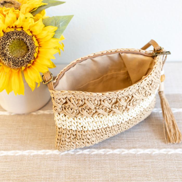 Contrast-Band Woven Straw Crossbody Bag