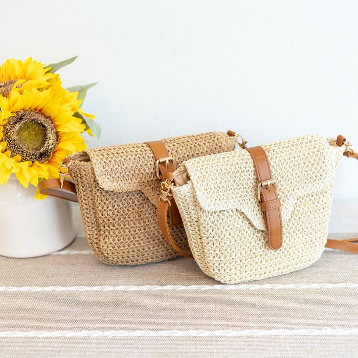 Compact Woven Straw Flap Crossbody Bag