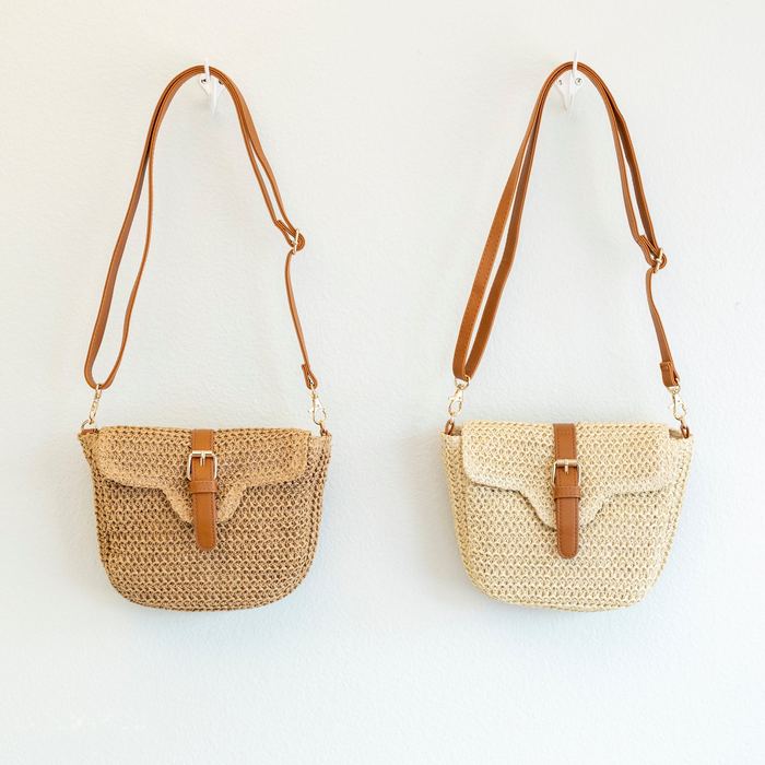 Compact Woven Straw Flap Crossbody Bag