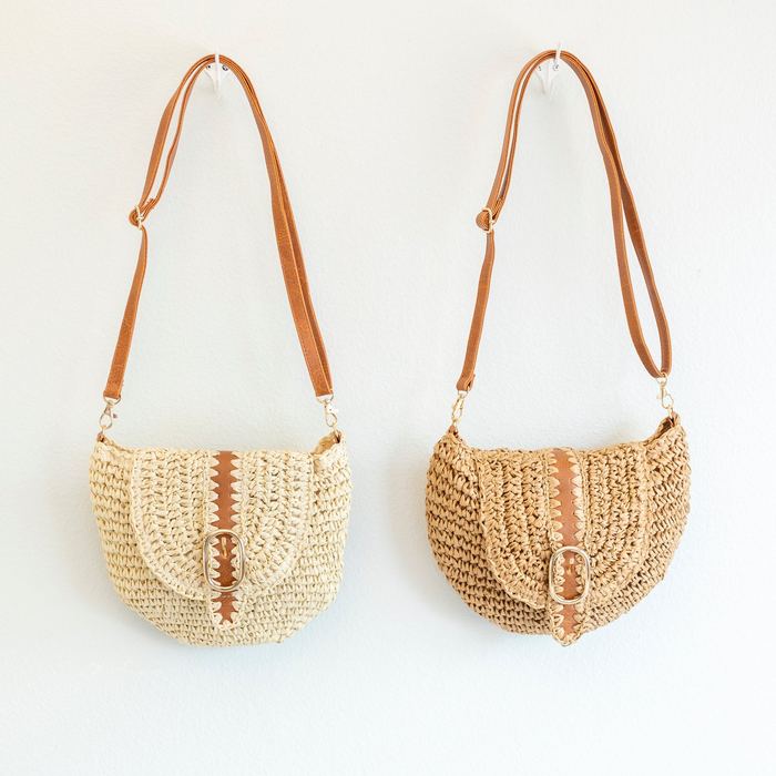 Woven Straw Crossbody Bag with Buckle Accent