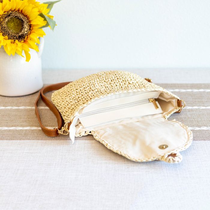 Woven Straw Crossbody Bag with Buckle Accent