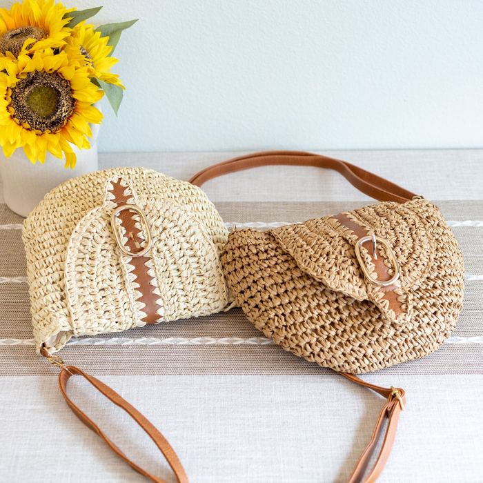 Woven Straw Crossbody Bag with Buckle Accent