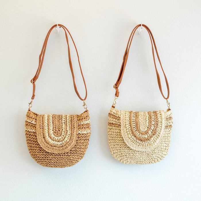 Woven Straw Crossbody Bag with Curved Contrast Bands
