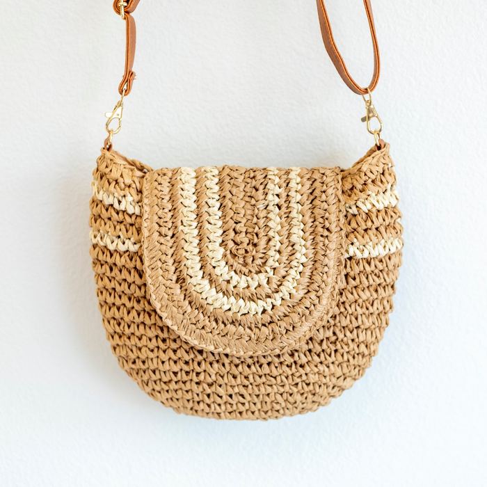 Woven Straw Crossbody Bag with Curved Contrast Bands