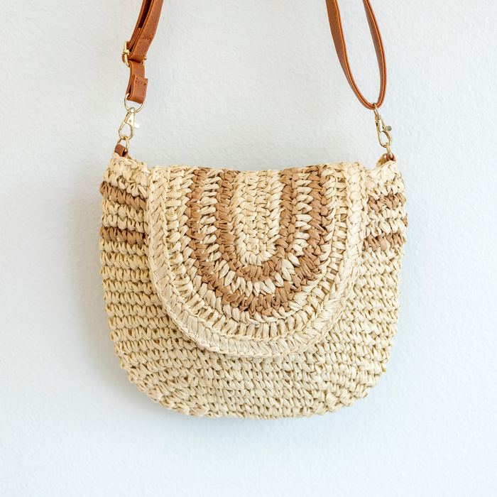 Woven Straw Crossbody Bag with Curved Contrast Bands
