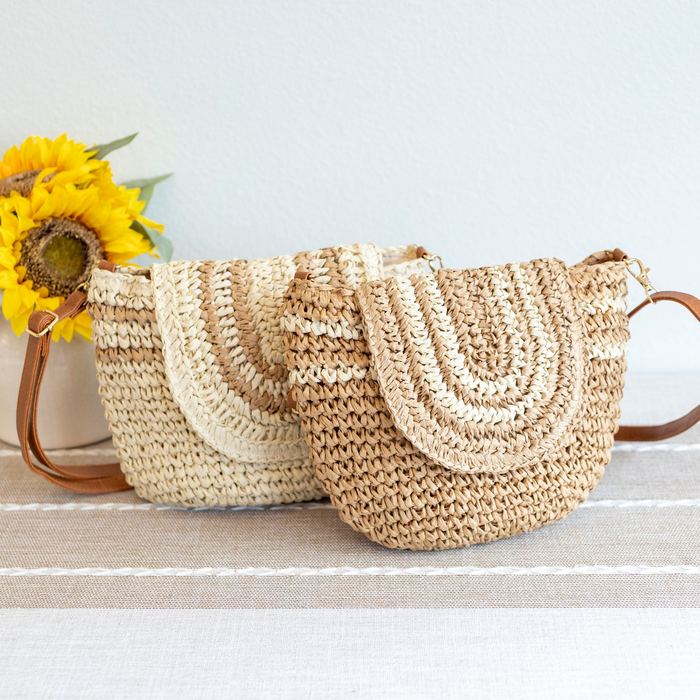 Woven Straw Crossbody Bag with Curved Contrast Bands
