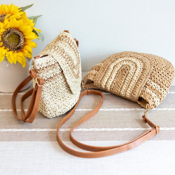 Woven Straw Crossbody Bag with Curved Contrast Bands