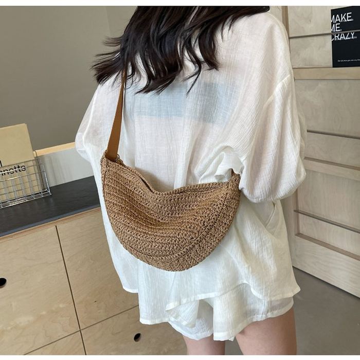 Crescent Woven Straw Crossbody Bag