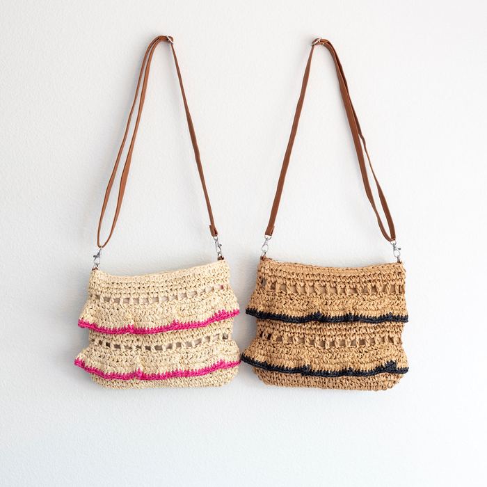 Fringed Straw Crossbody Bag with Contrast Stripes