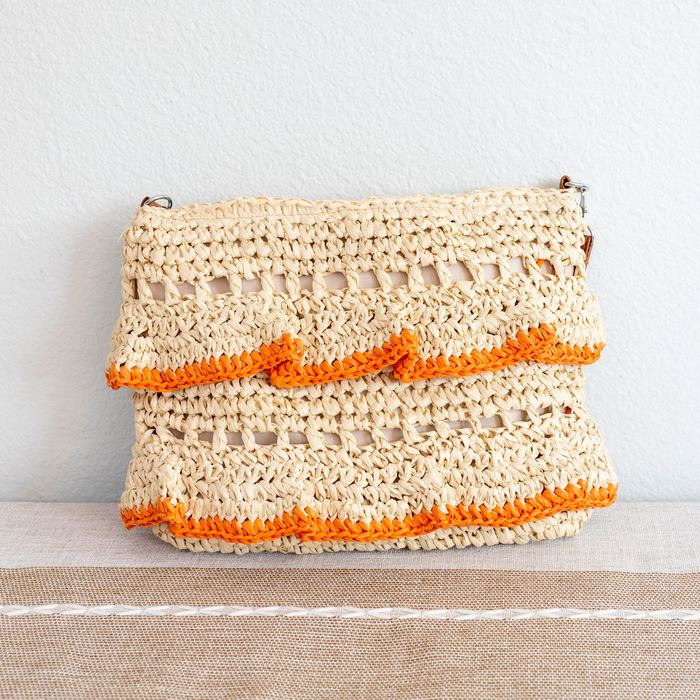 Fringed Straw Crossbody Bag with Contrast Stripes