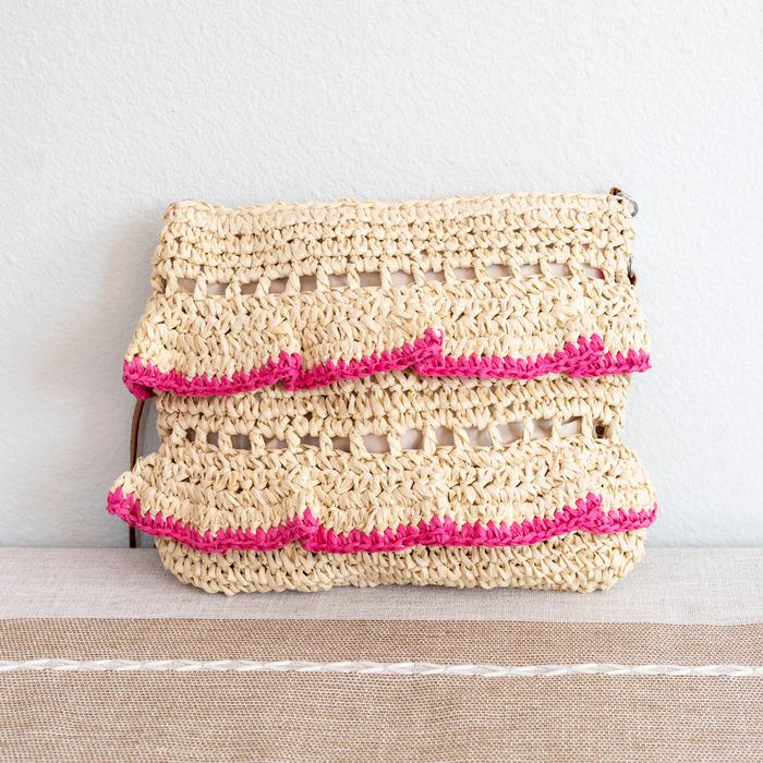 Fringed Straw Crossbody Bag with Contrast Stripes