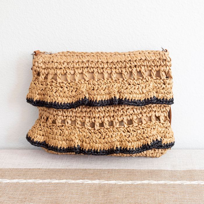 Fringed Straw Crossbody Bag with Contrast Stripes