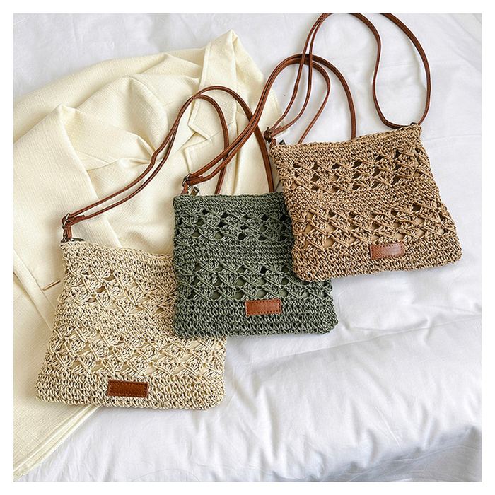 Small Openwork Straw Crossbody with Brown Strap