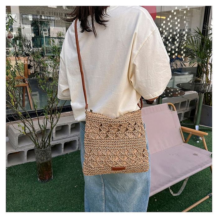 Small Openwork Straw Crossbody with Brown Strap