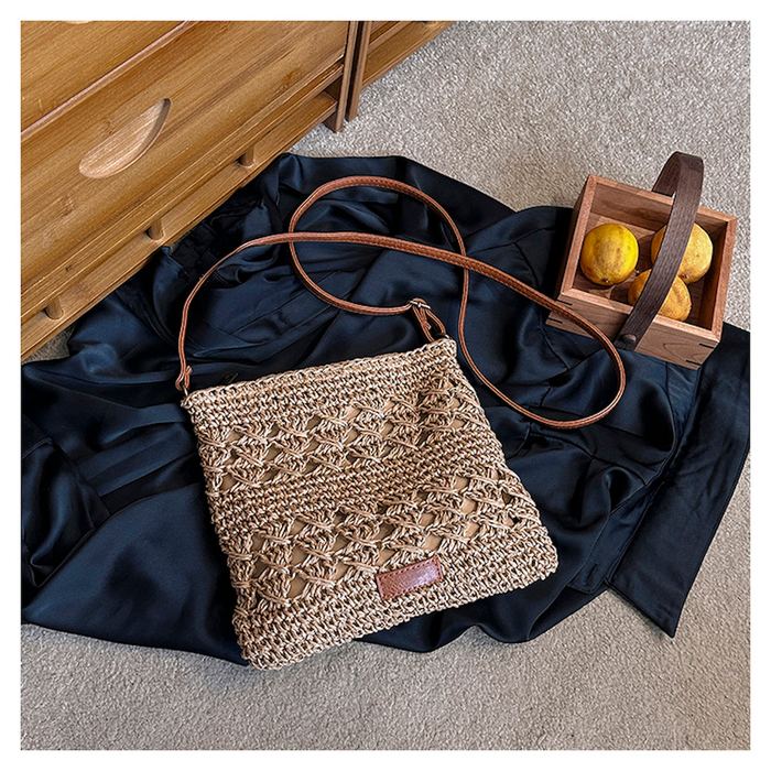 Small Openwork Straw Crossbody with Brown Strap