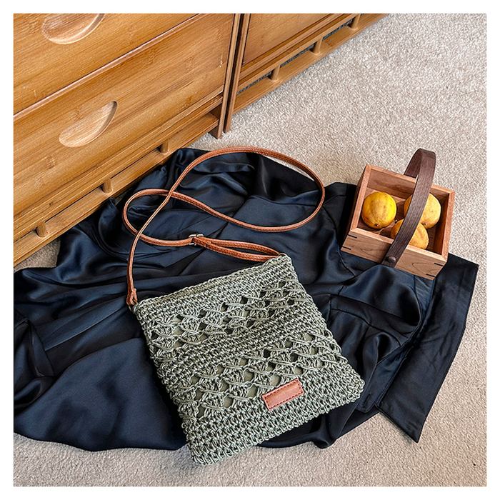Small Openwork Straw Crossbody with Brown Strap