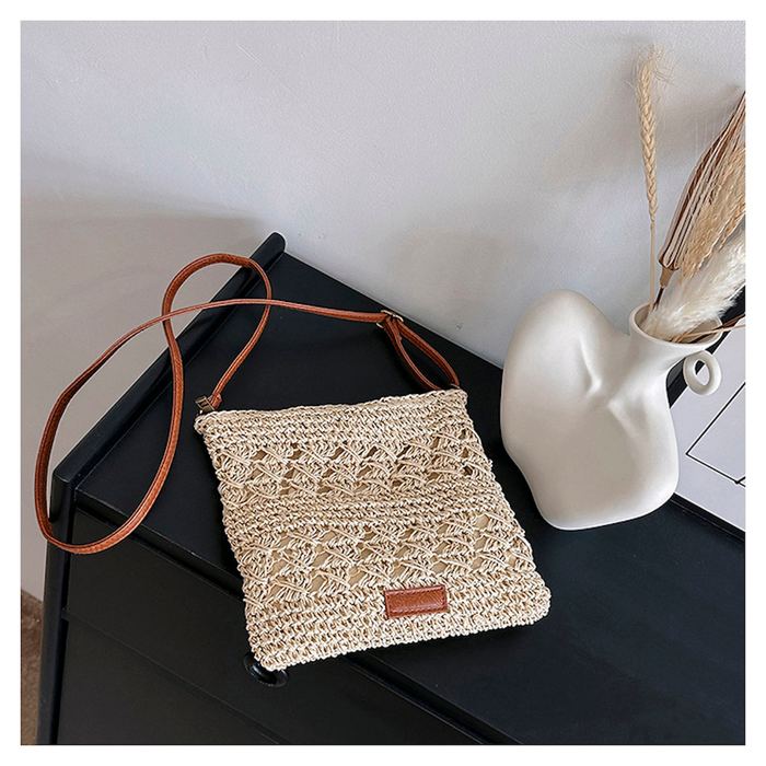 Small Openwork Straw Crossbody with Brown Strap