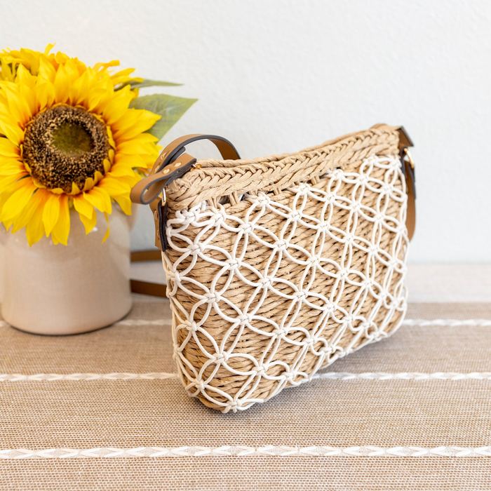 Diamond-Lattice Woven Straw Crossbody Bag